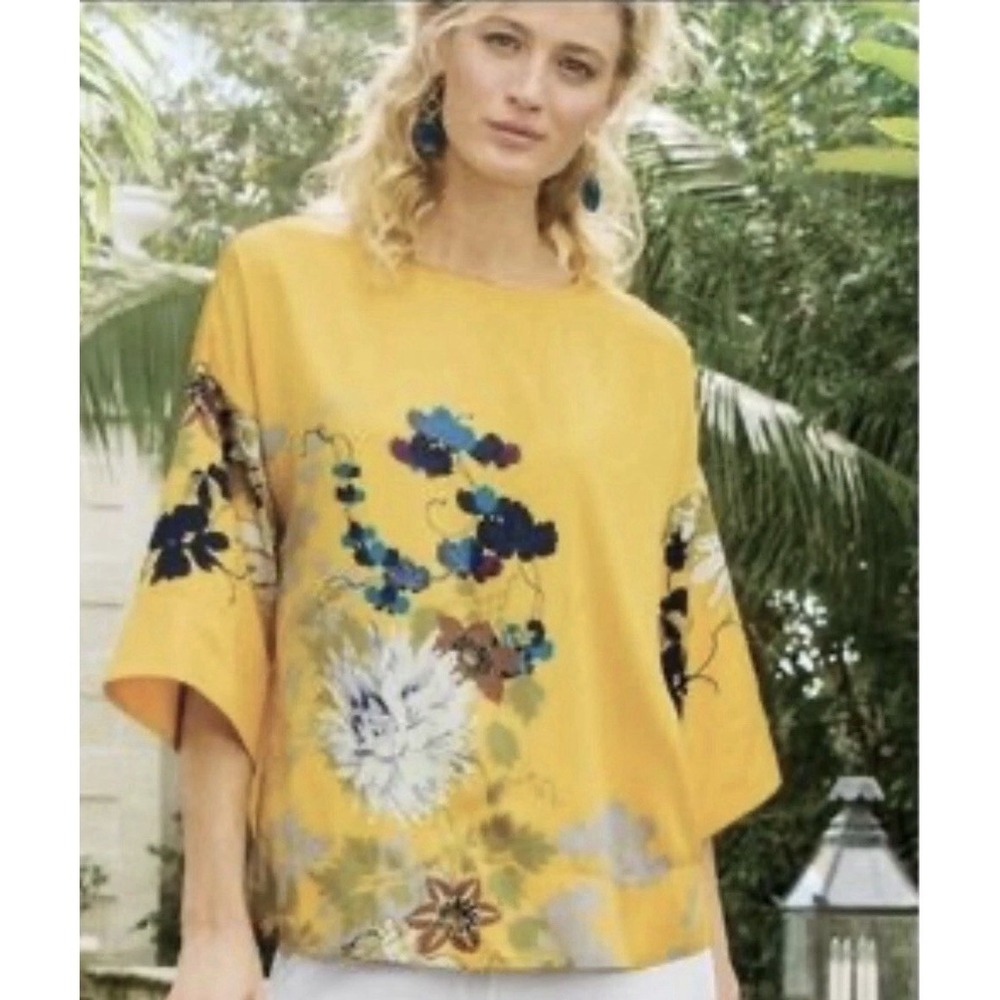 Soft Surroundings Gold/Yellow Asian-Inspired Floral Tunic Size Med (E7)